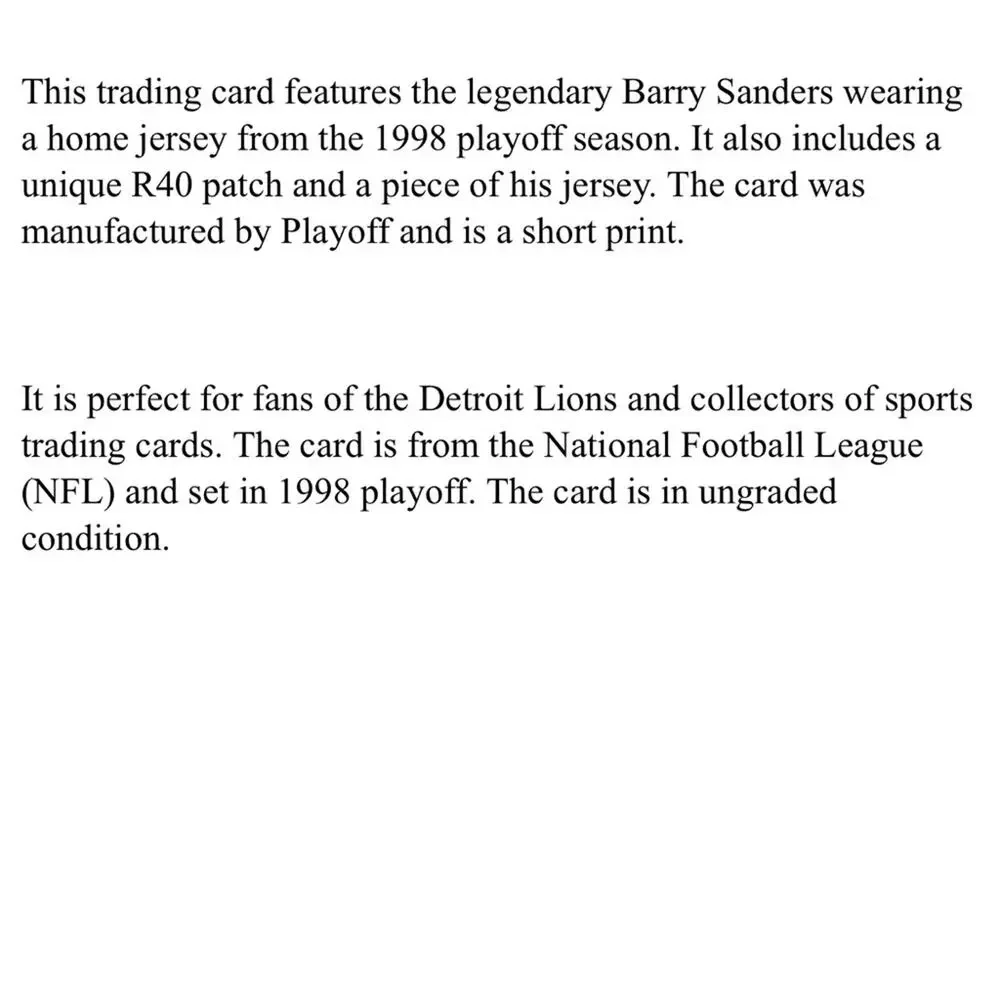 BARRY SANDERS Lions HOF 1998 Team Threads Home Jersey R40 Patch